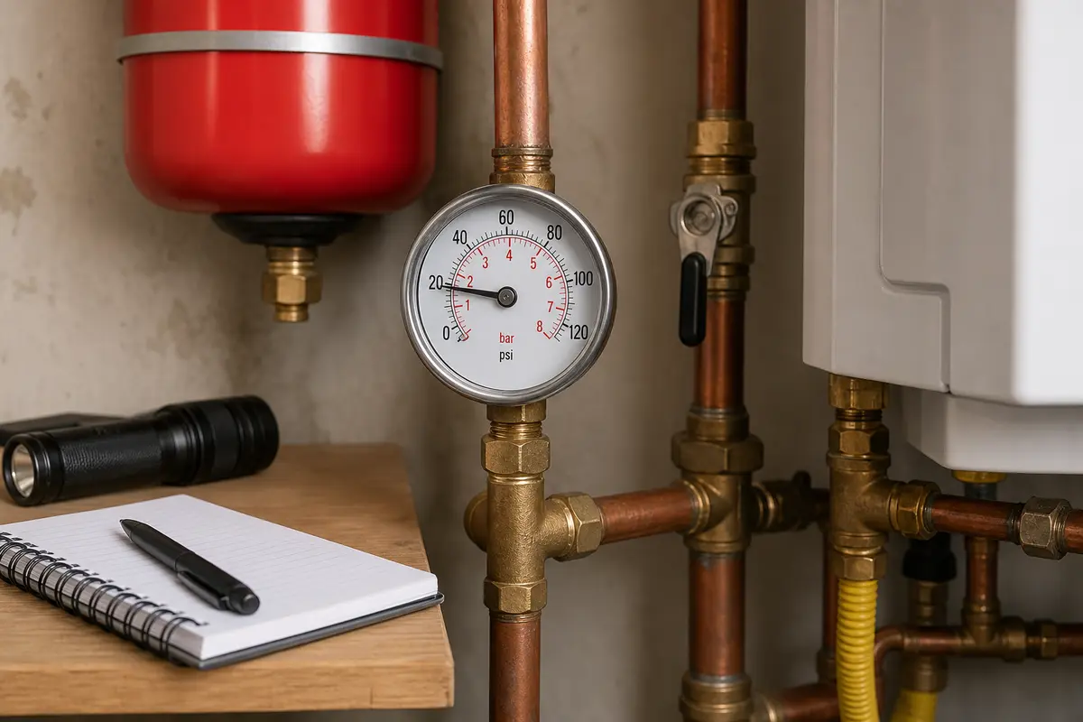 Boiler pressure gauge checked after radiator bleeding