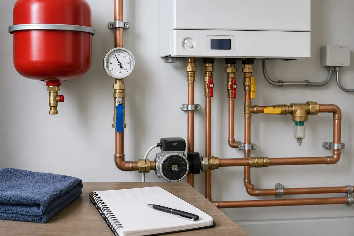 Boiler pressure gauge and hydronic pipes for banging noise diagnosis
