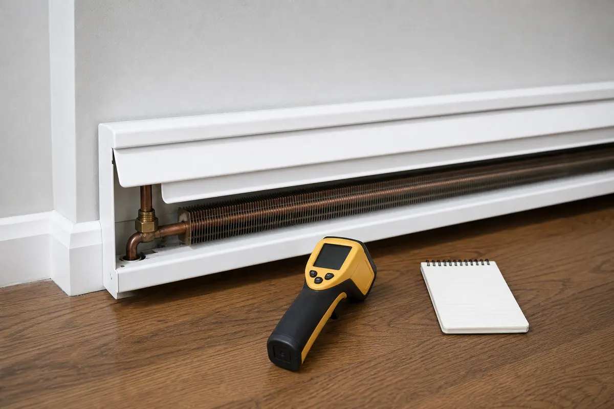 Hydronic baseboard heater checked with infrared thermometer