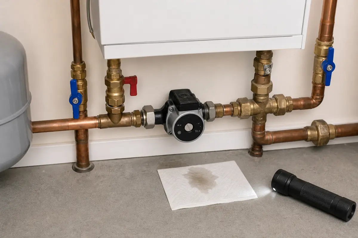 Damp clue near boiler circulator pump before breaker reset