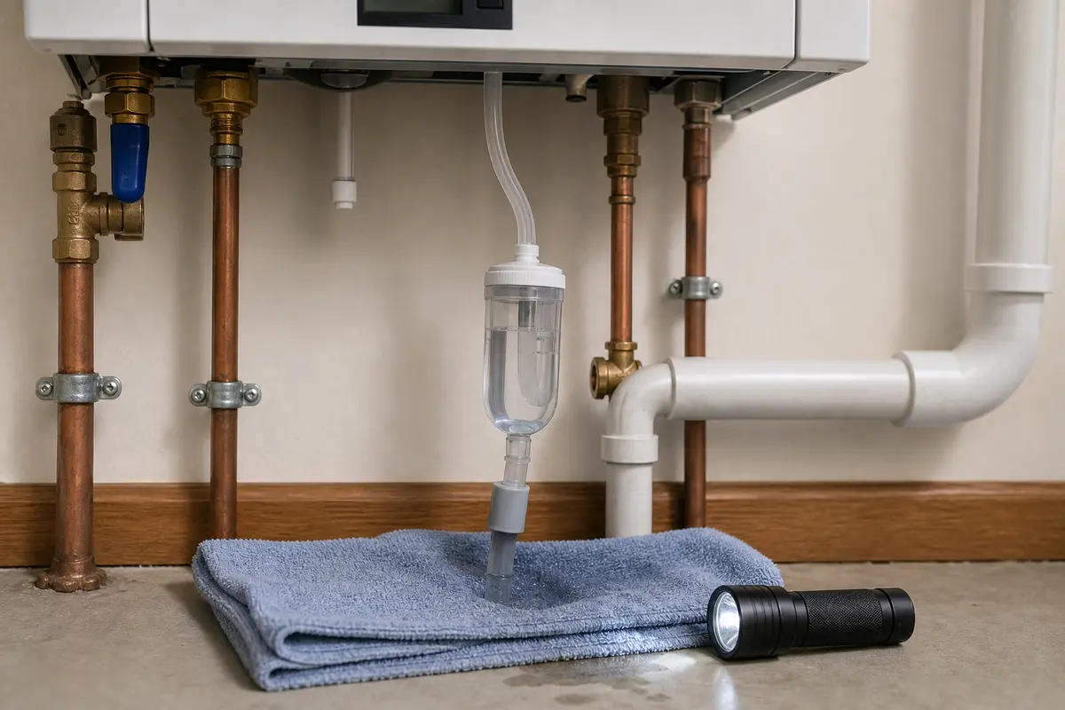 Condensing boiler condensate trap and drain check