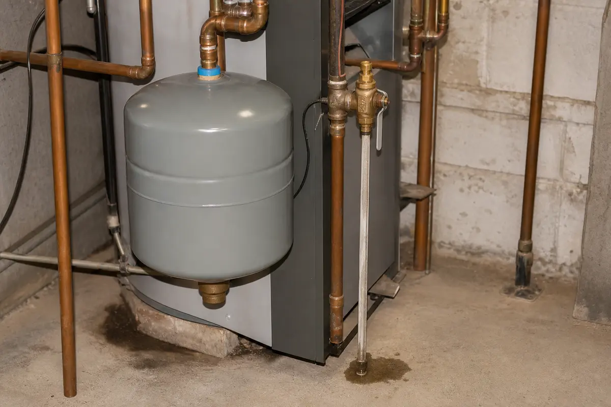 Boiler expansion tank and relief valve area for pressure-rise drip diagnosis