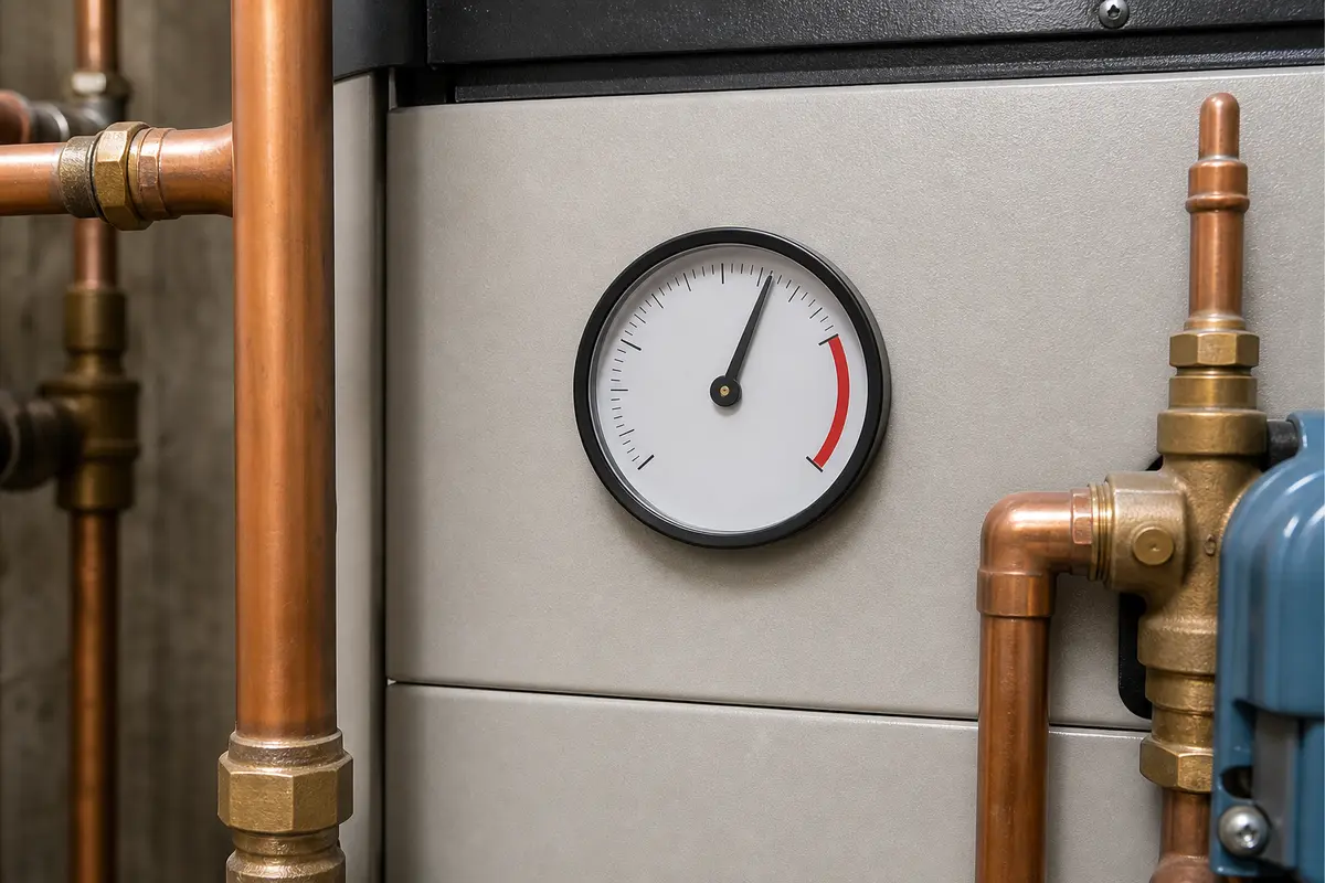 Boiler pressure gauge showing elevated pressure during heat call