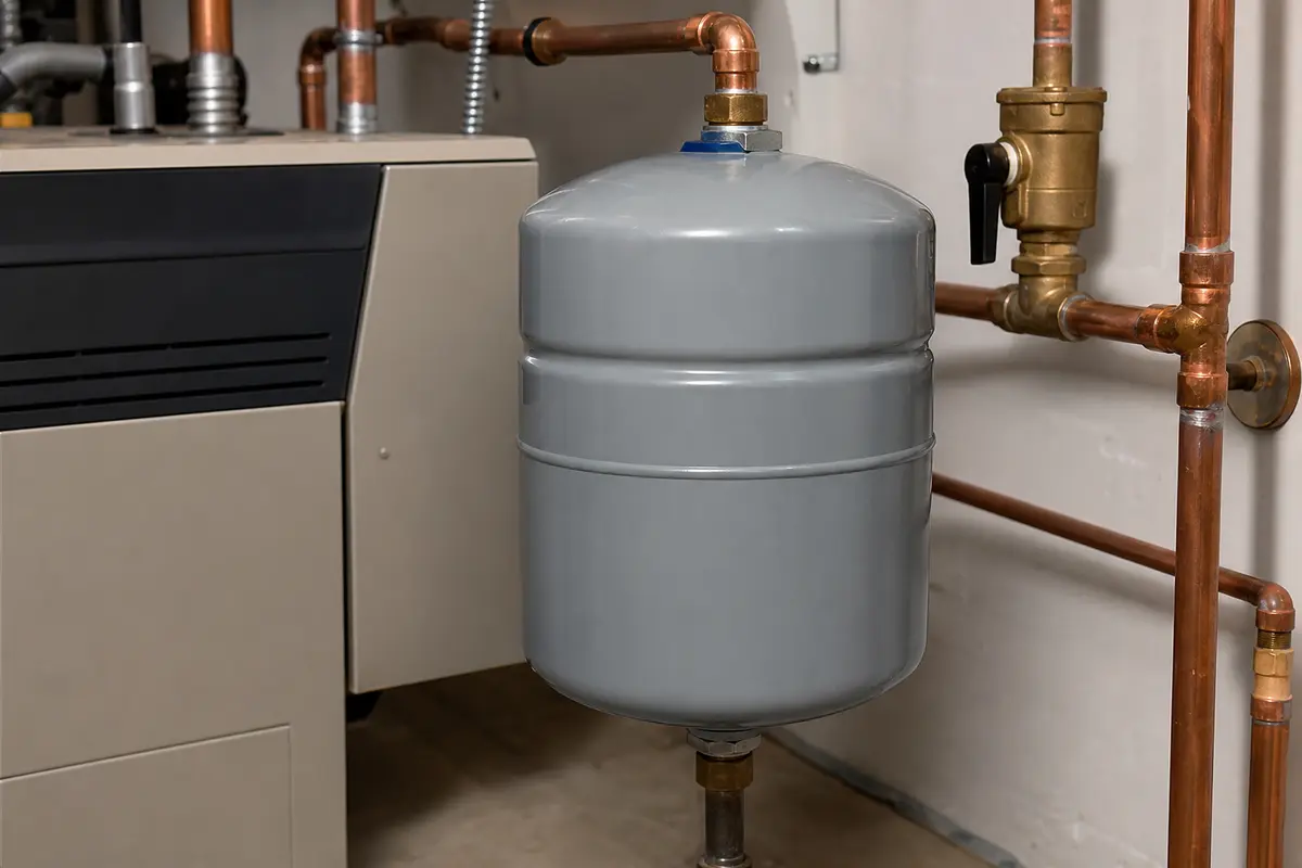 Boiler expansion tank mounted beside hydronic boiler piping