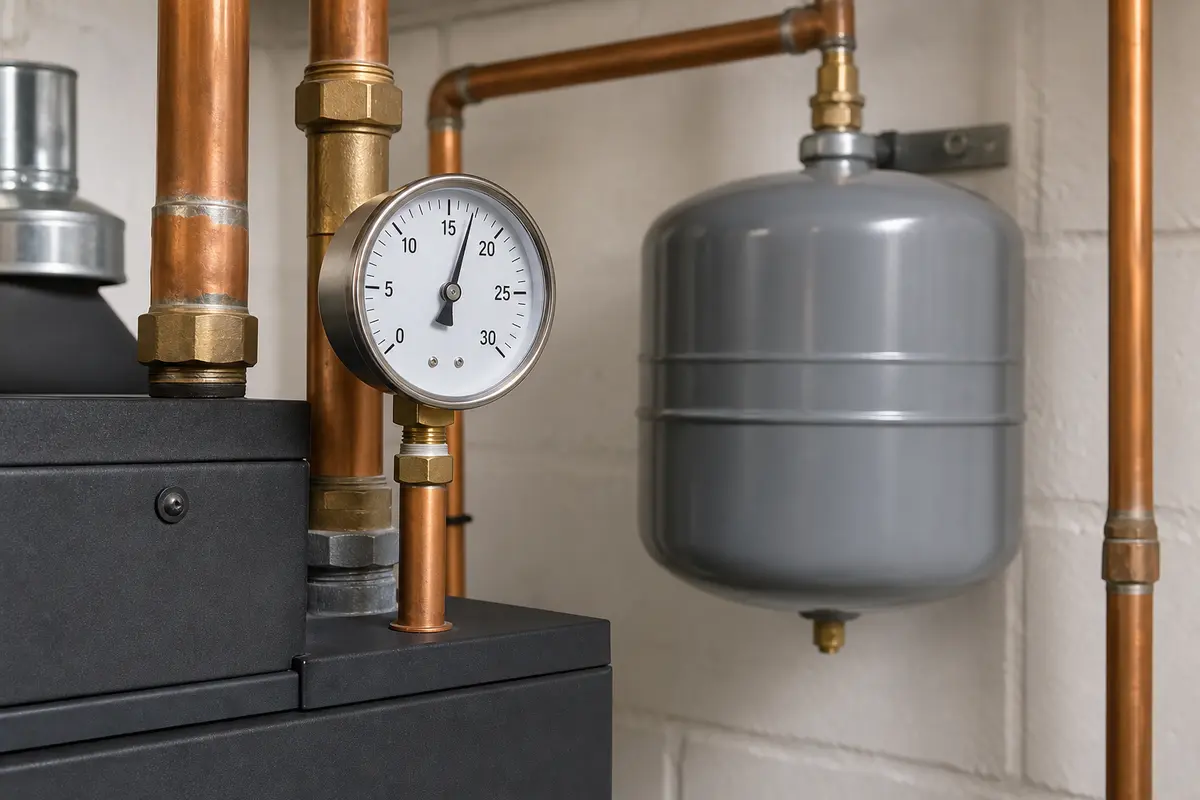 Boiler pressure gauge and expansion tank together for waterlogged tank diagnosis