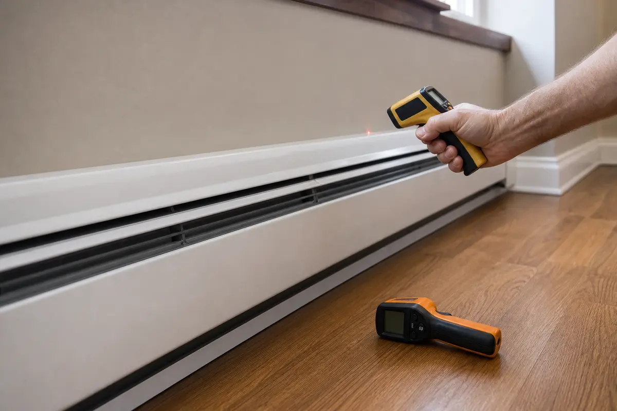 Infrared thermometer checking baseboard heat during slow boiler recovery