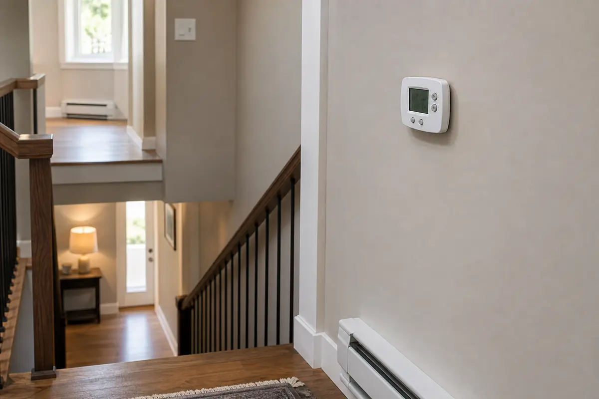 Upstairs thermostat and stairway clue for boiler heat working downstairs only