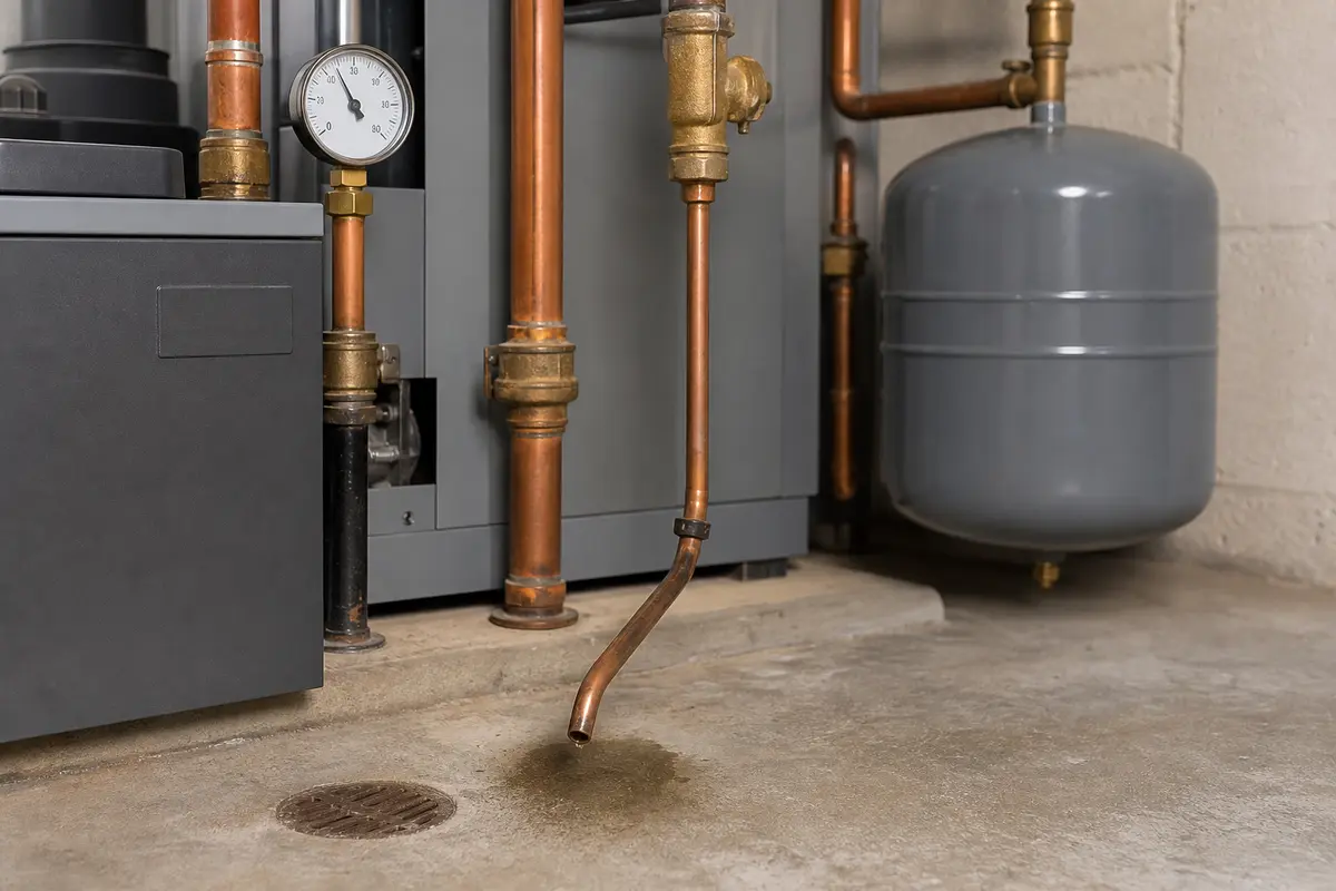 Boiler relief discharge pipe and pressure gauge clue for hissing