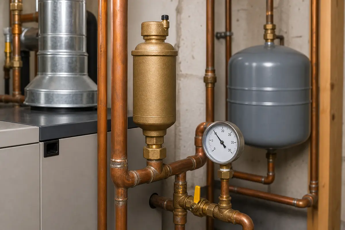 Boiler air separator and gauge clue for trapped air kettling noise