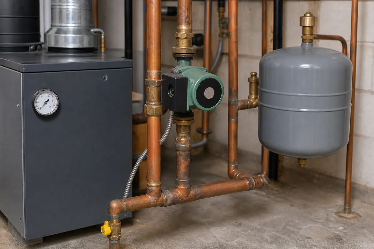 Boiler circulator and return piping clue for kettling noise