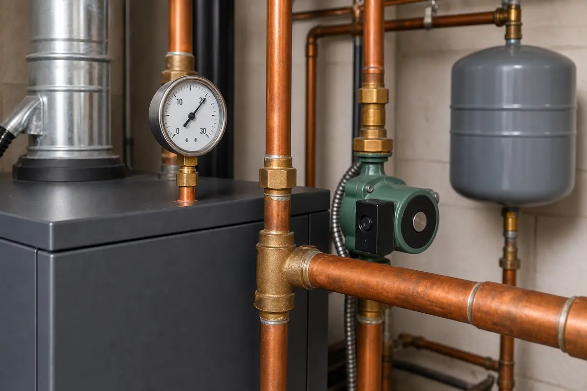 Boiler pressure gauge and piping clue for kettling noise