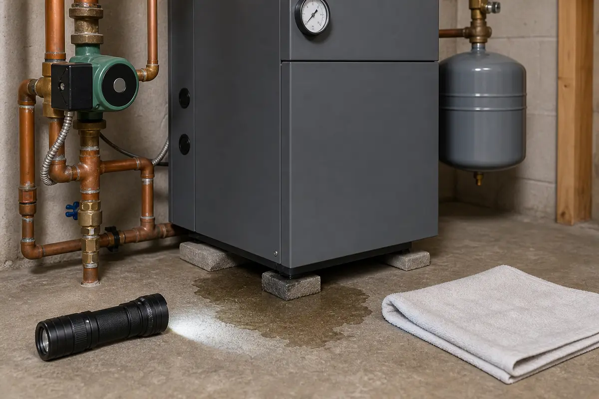 Small puddle under boiler with towel and flashlight for leak source tracing