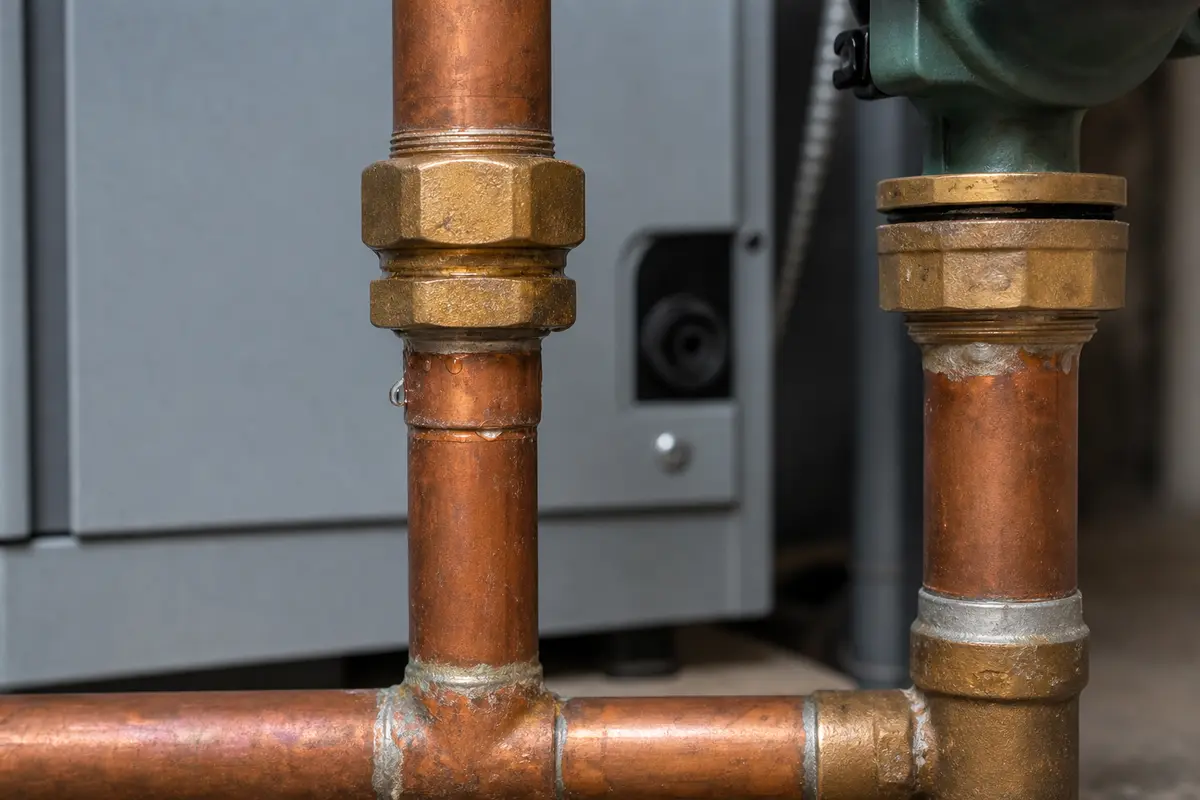 Boiler pipe fitting with small water droplet and mineral stain