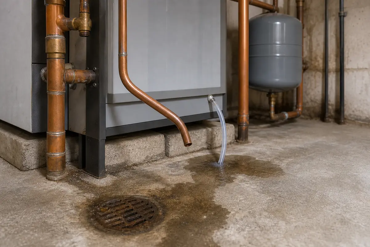 Boiler relief discharge pipe and condensate tube leak lookalike