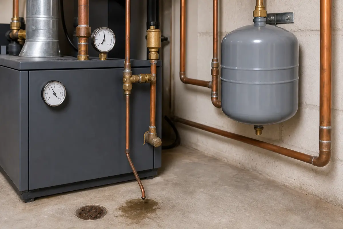 Boiler expansion tank and pressure gauge clue for leak after heating