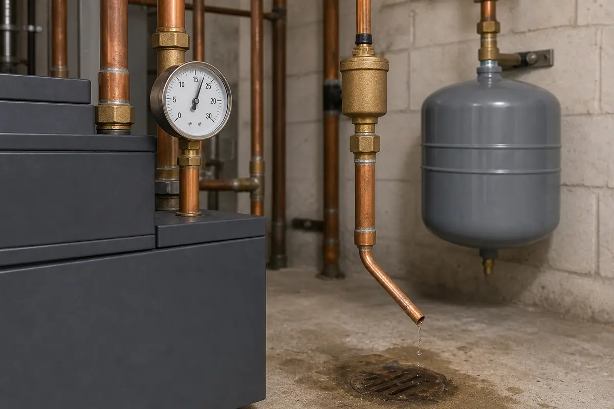 Boiler relief discharge pipe dripping after heating with pressure gauge visible