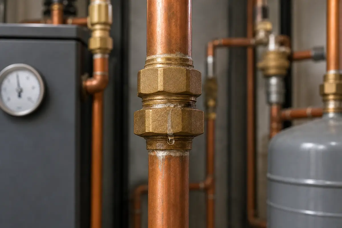Boiler pipe union droplet that appears only when hot