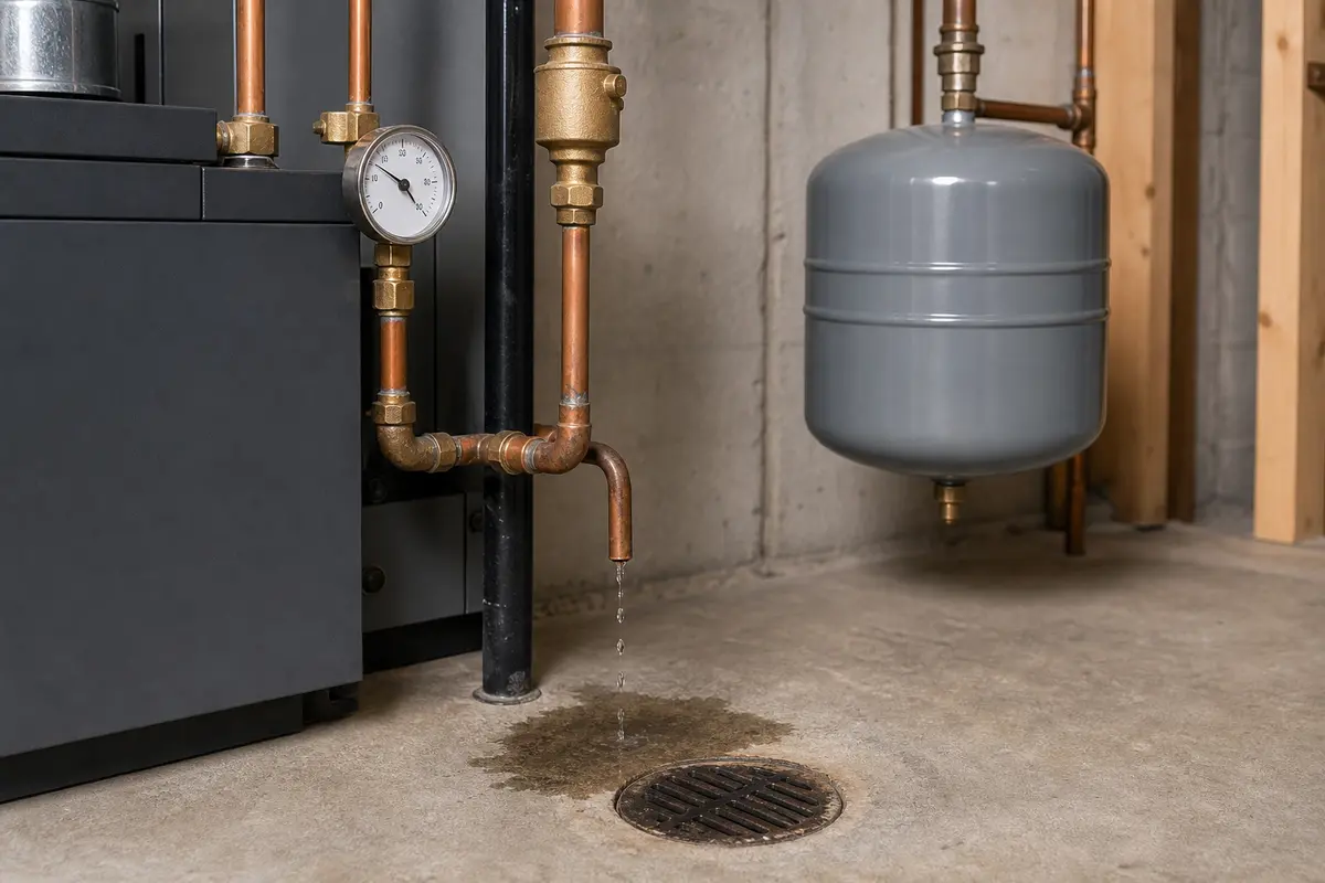 Boiler relief discharge pipe and pressure gauge for hot-only leak