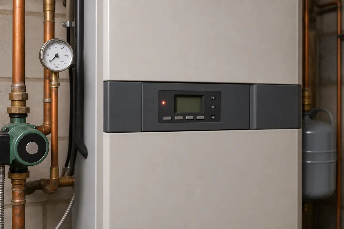 Boiler fault display and pressure gauge after power outage lockout