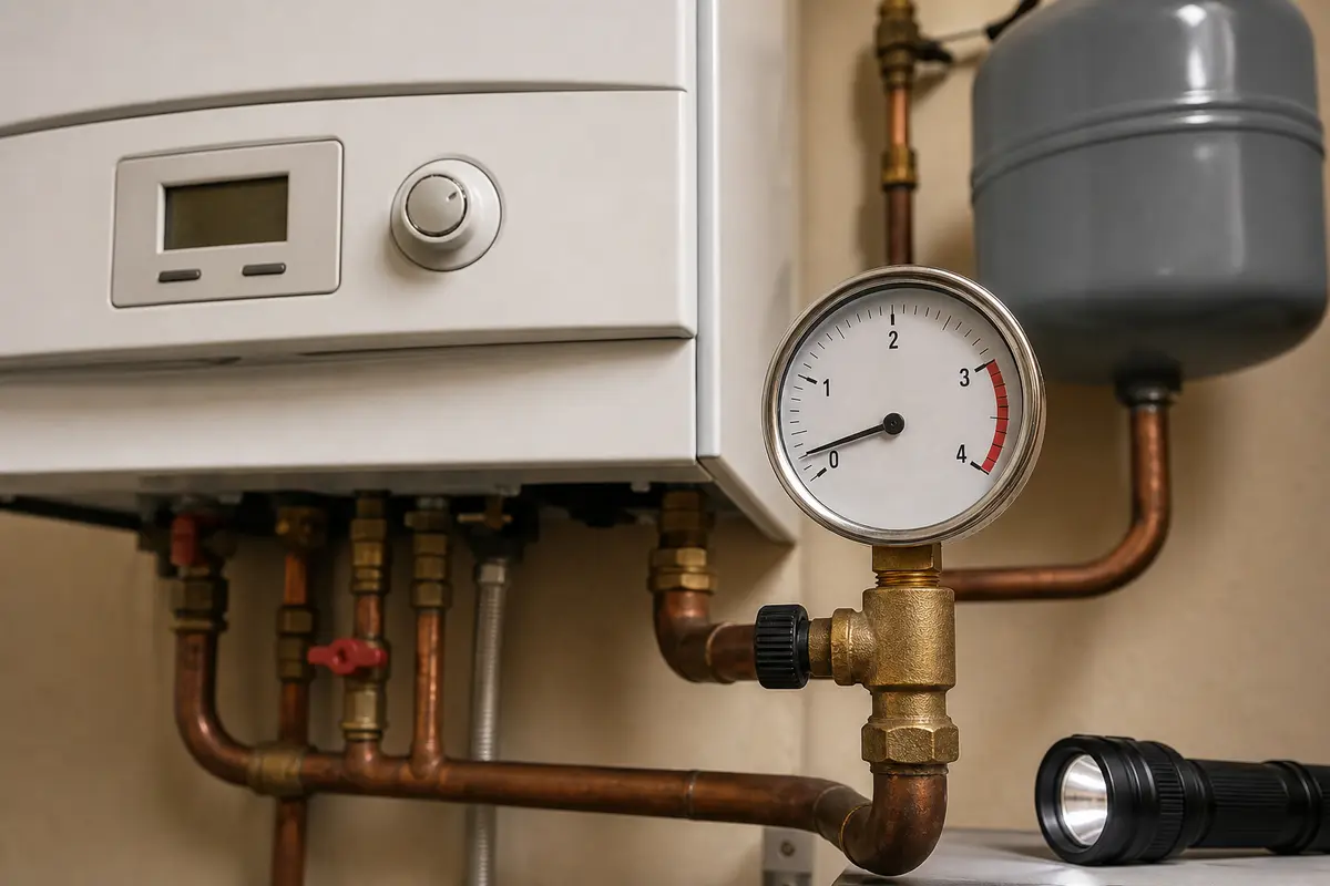 Low boiler pressure gauge beside expansion tank and boiler piping