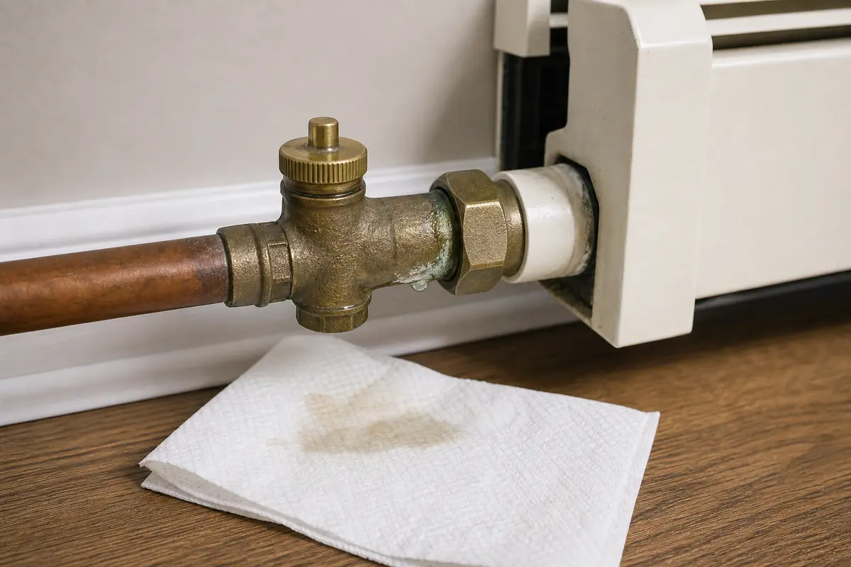 Small hydronic valve seep with paper towel used to find boiler pressure loss