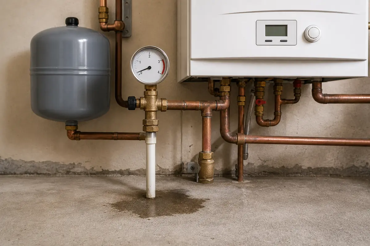 Boiler relief discharge pipe damp area with gauge and expansion tank nearby