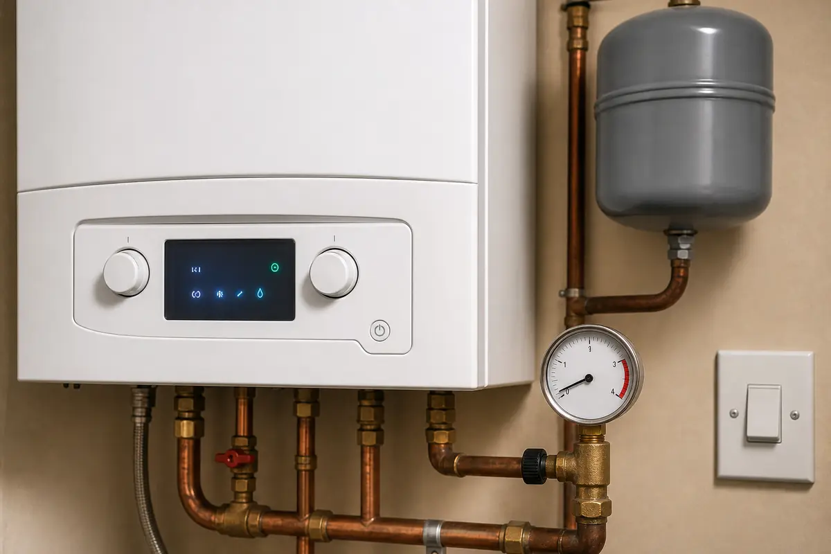 Boiler display and pressure gauge checked for no hot water
