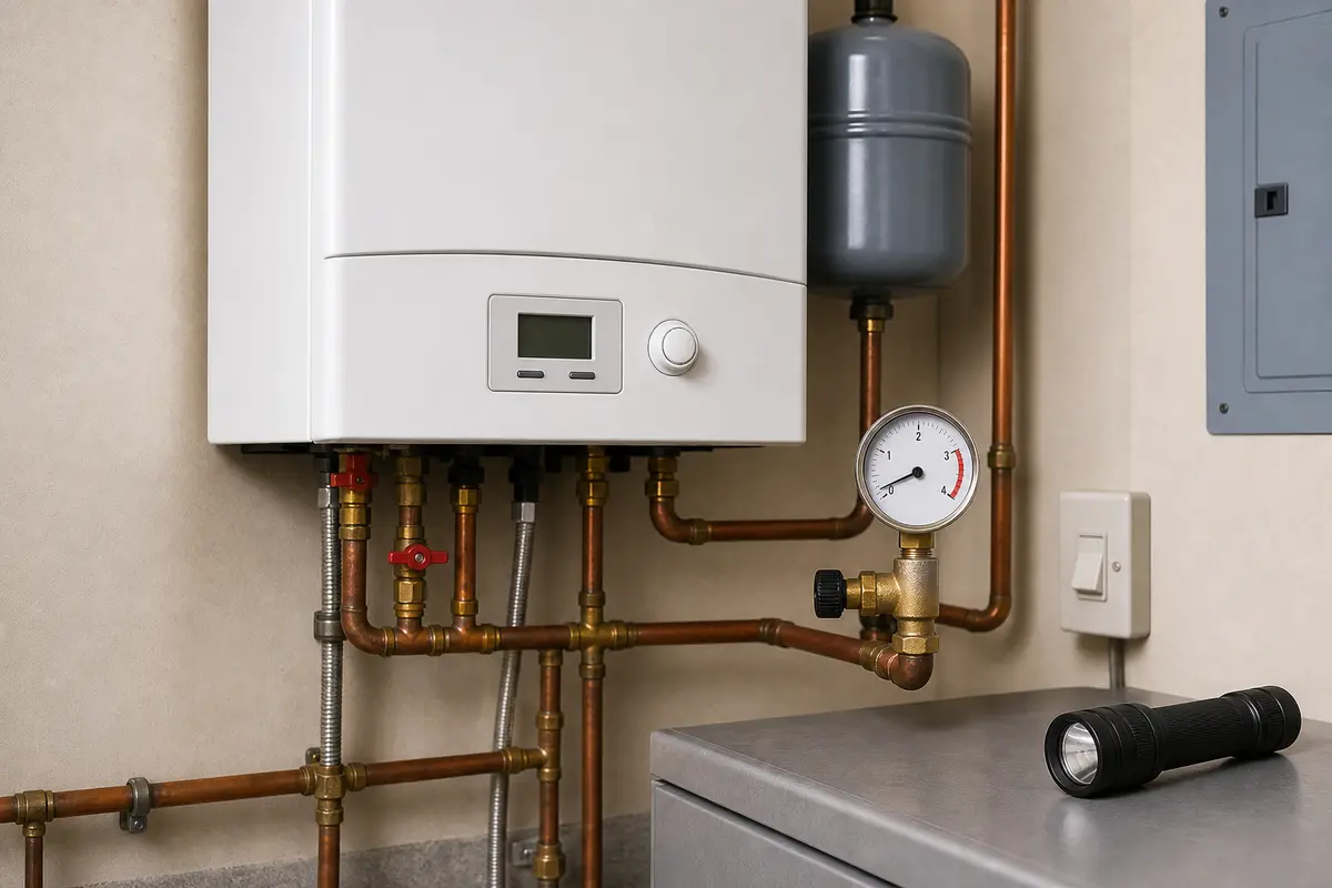 Boiler not heating overview with service switch, pressure gauge, and boiler panel