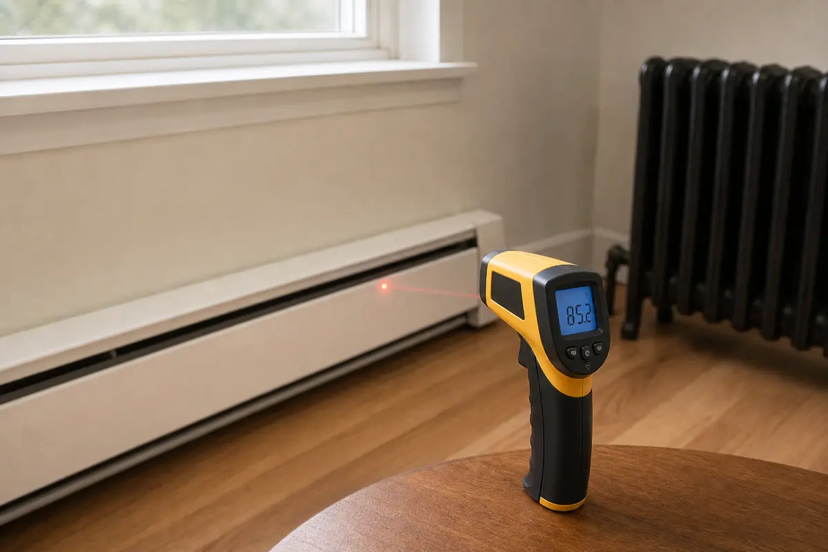 Infrared thermometer checking baseboard heat delivery for boiler temperature problem