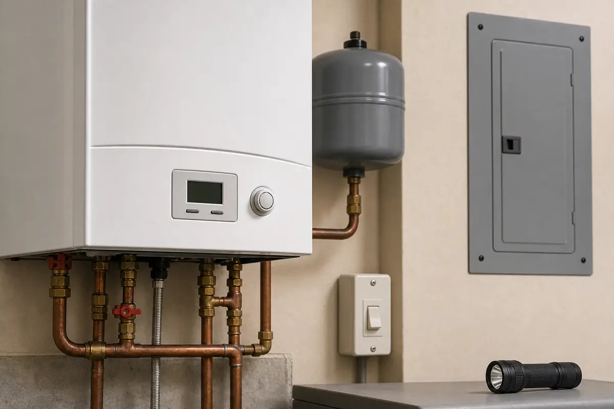 Boiler not working with blank display, service switch, and closed electrical panel
