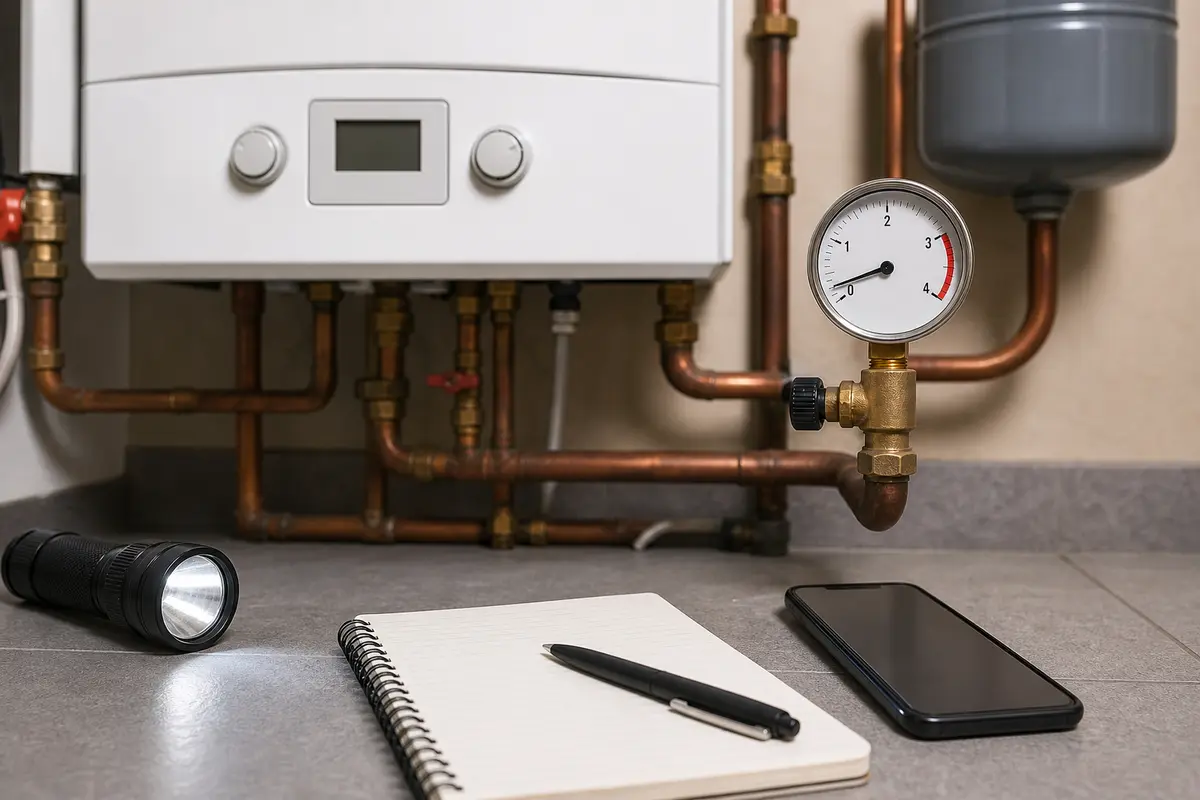 Boiler pressure gauge with flashlight, notebook, and phone for fault documentation