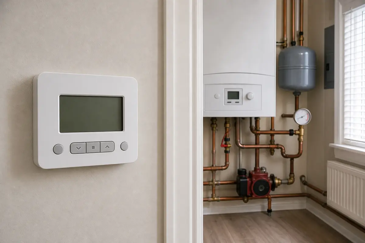 Wall thermostat and boiler piping checked during boiler overheating diagnosis