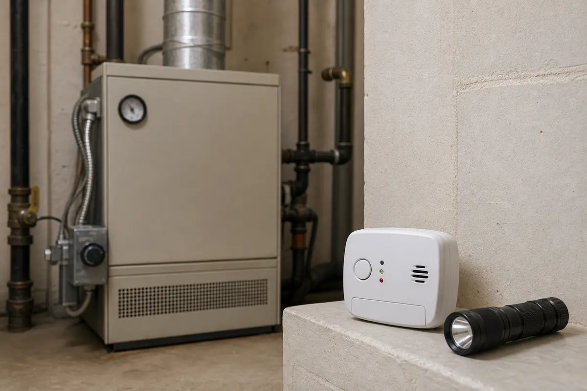 Carbon monoxide alarm near boiler area during pilot-light safety check