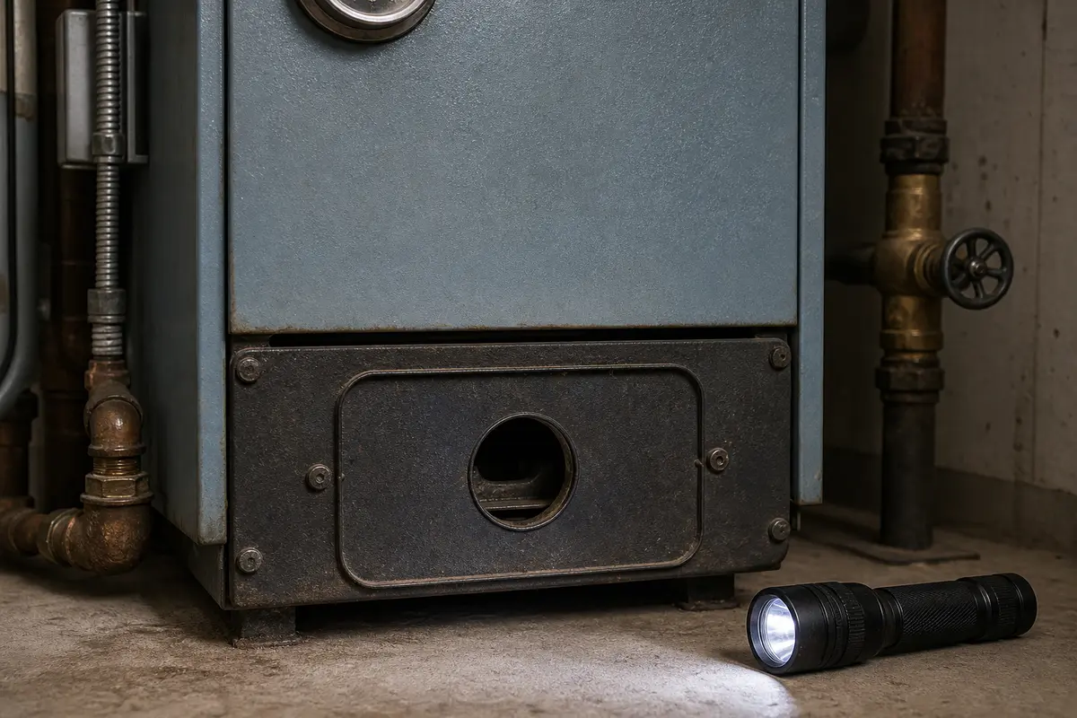 Boiler pilot sight opening dark with flashlight nearby