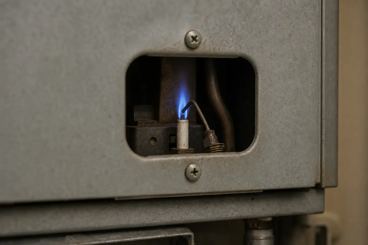 Small blue boiler pilot flame reaching thermocouple tip