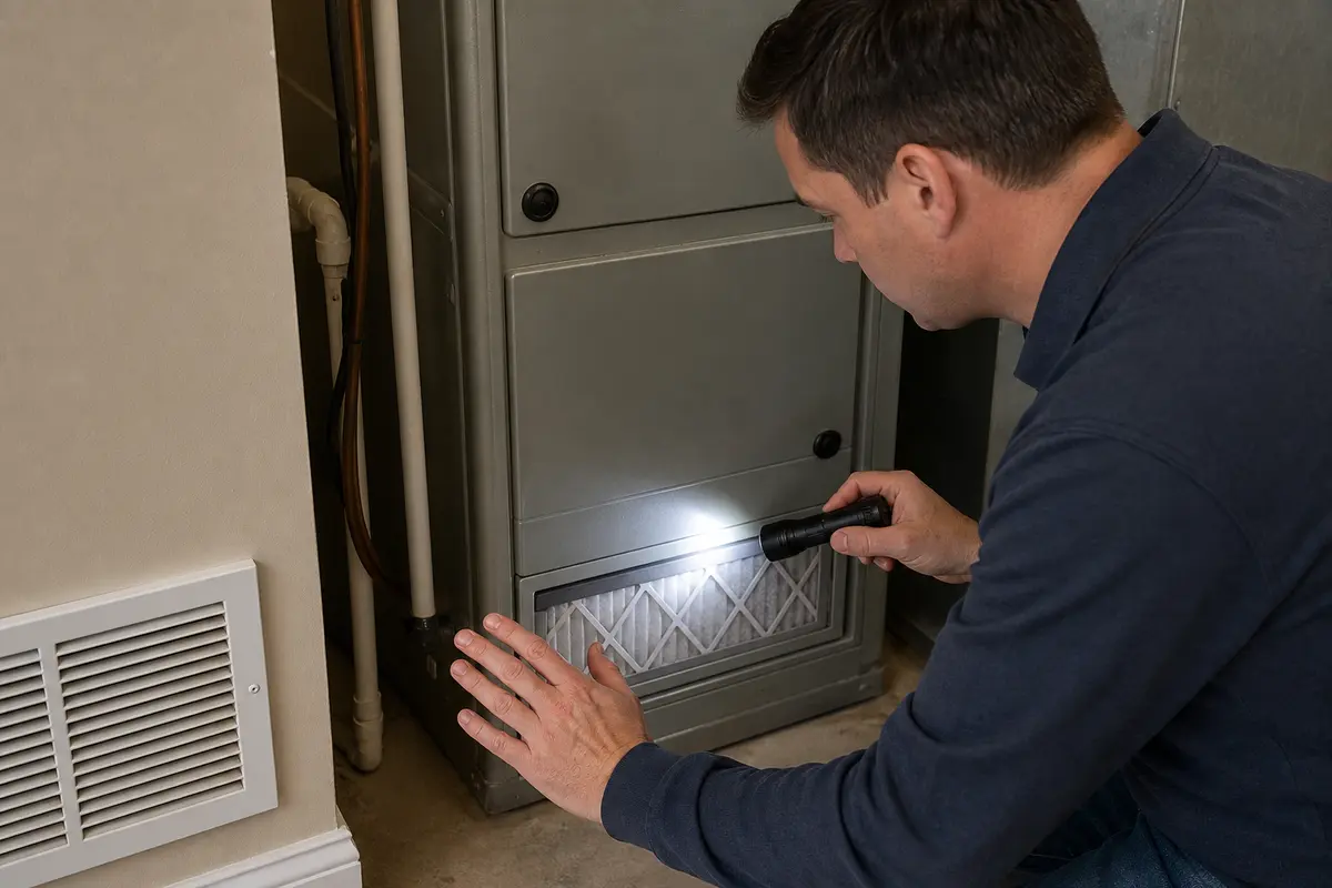 Air handler filter slot checked with flashlight for burning smell from vents