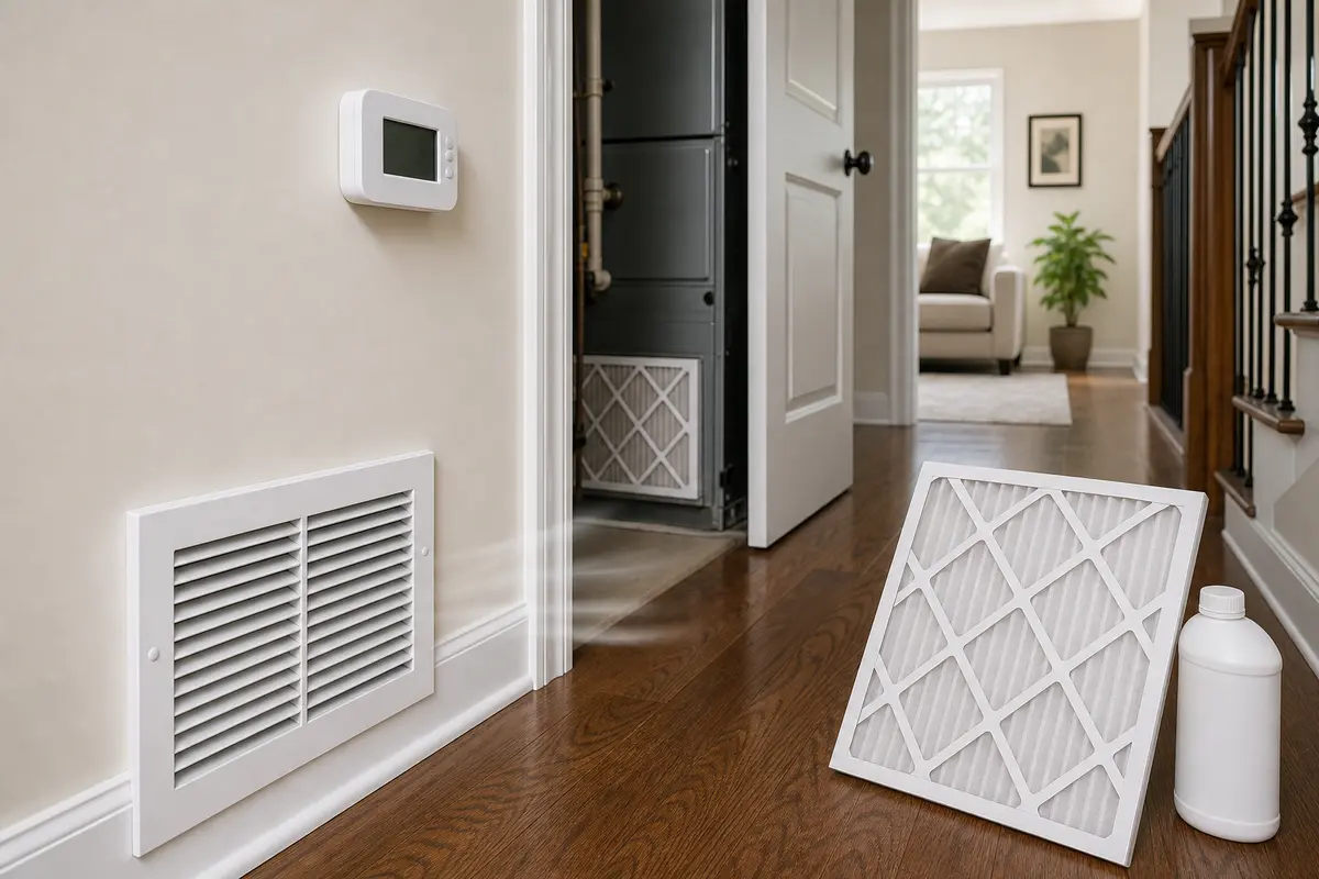 Return grille and air handler checked for chemical smell from vents