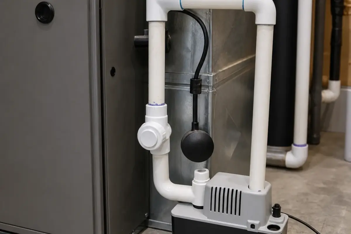 Condensate pump, float switch, and drain piping beside an air handler