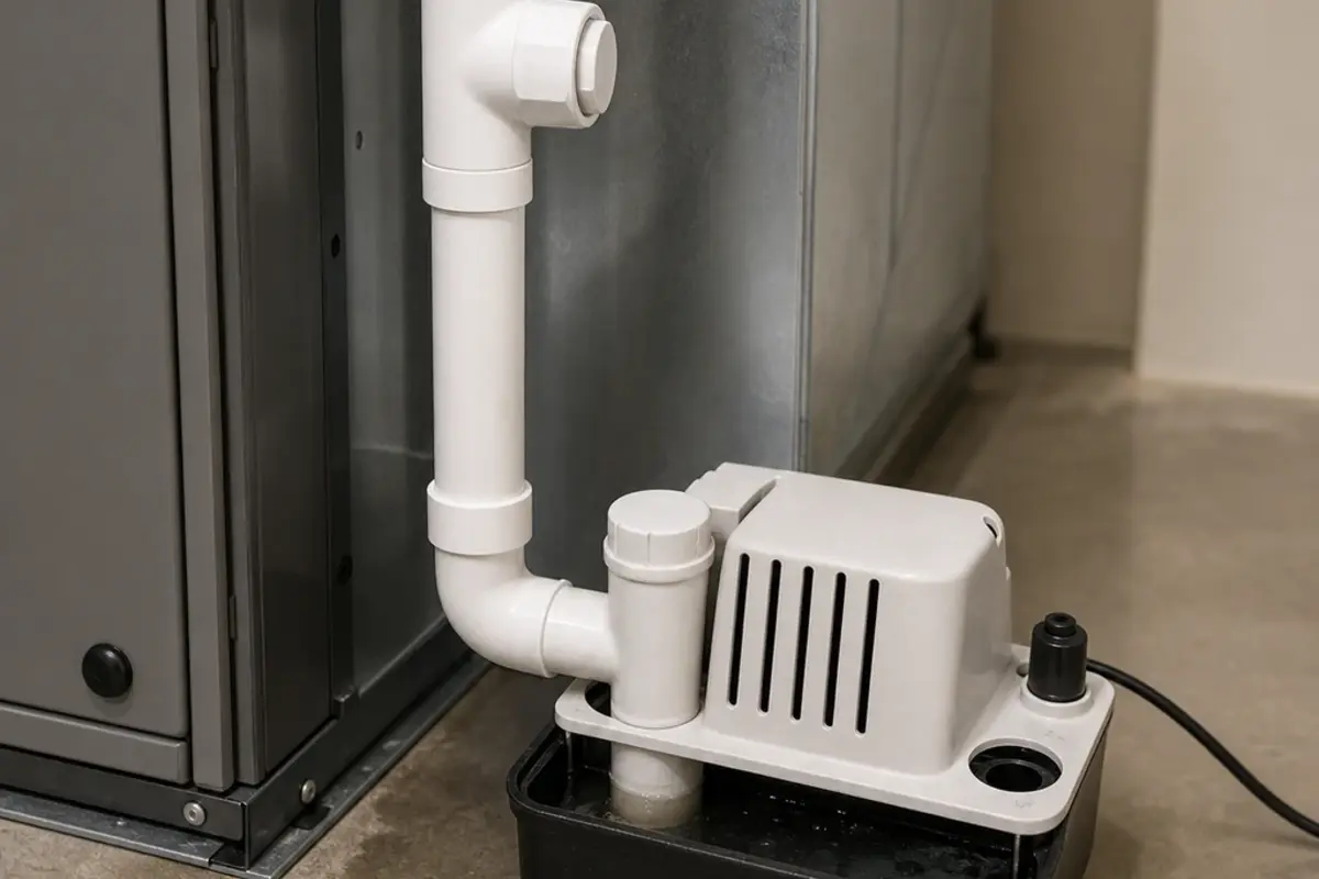 Condensate pump reservoir and drain tubing checked for standing water