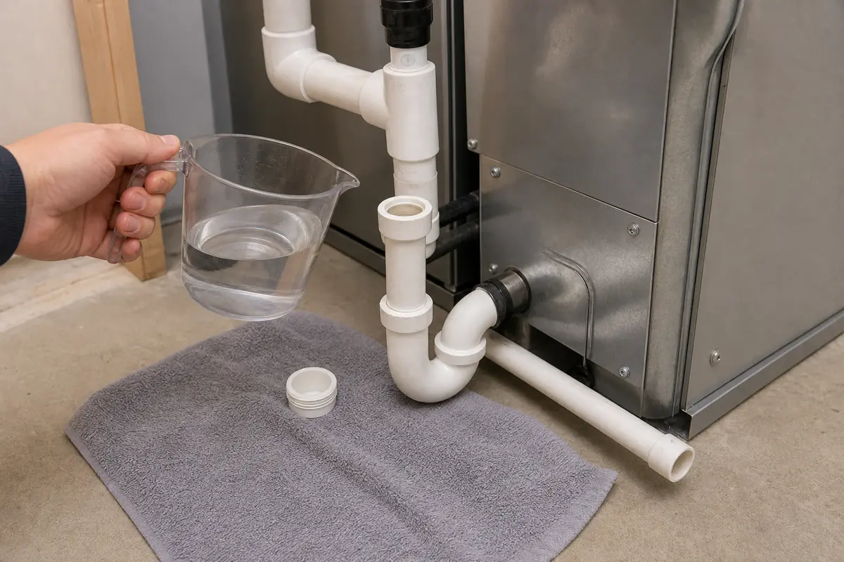 Accessible condensate drain cleanout checked after an overflow