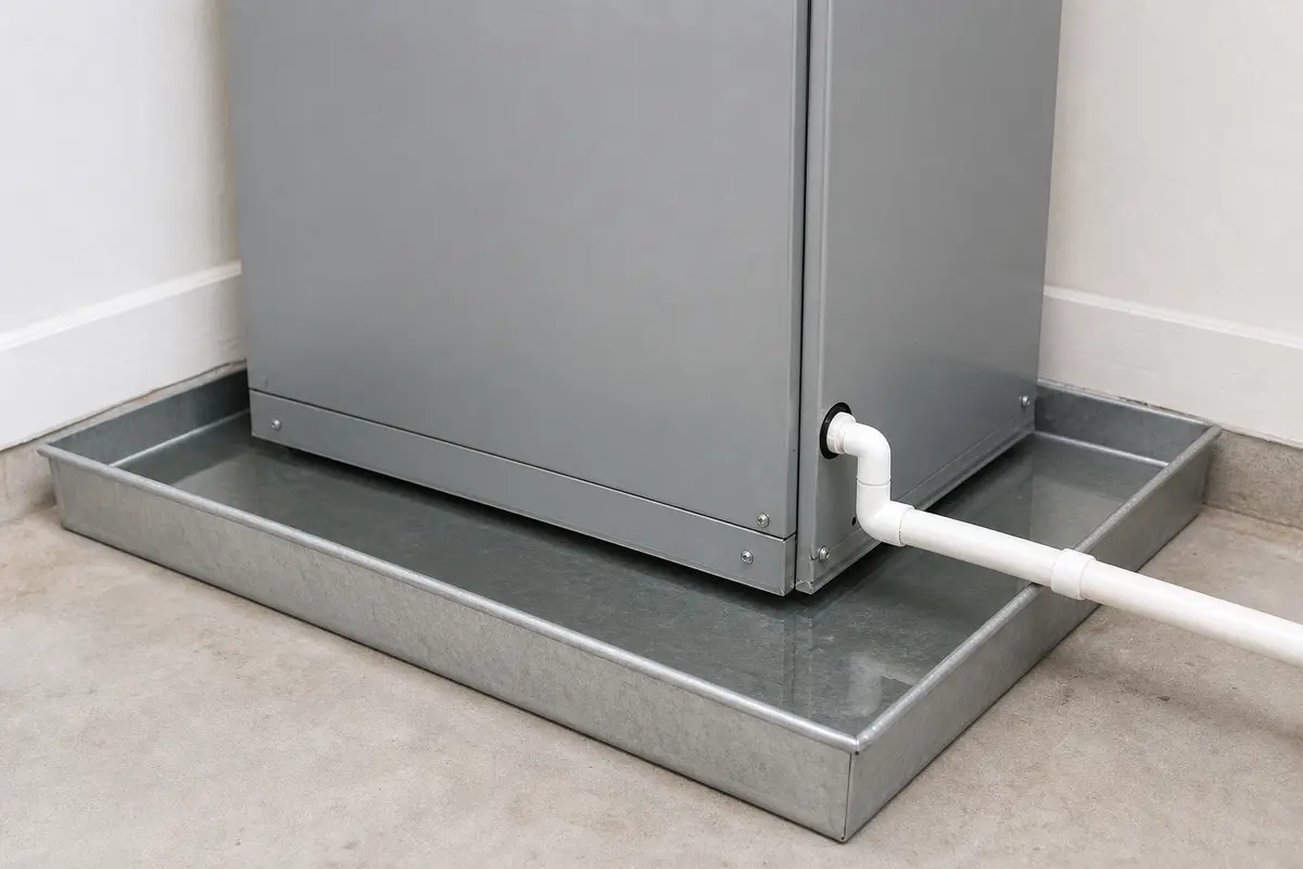 Closed air handler standing in a galvanized emergency pan with shallow water and one connected condensate outlet