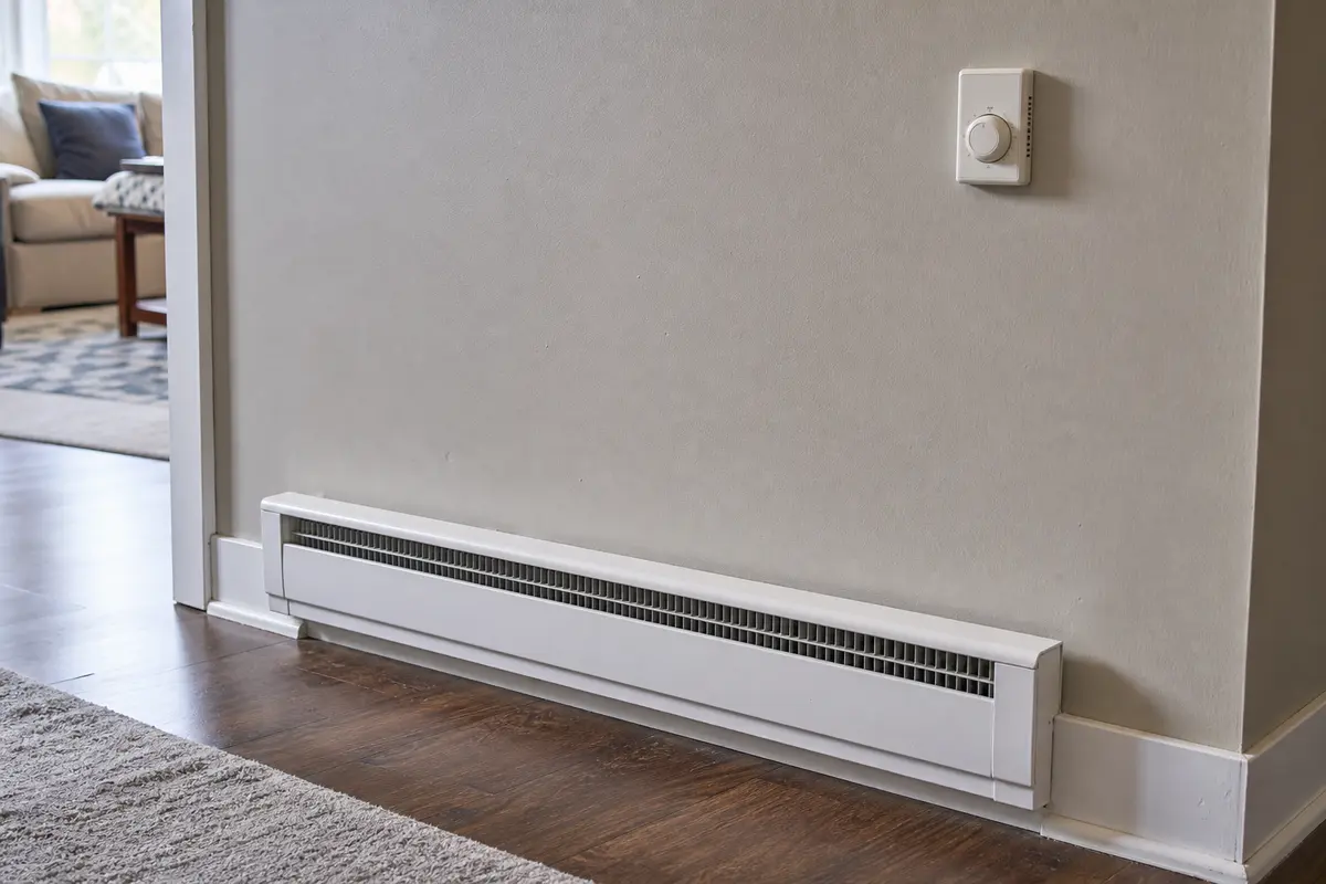 Electric baseboard heater and wall thermostat checked from outside before opening anything
