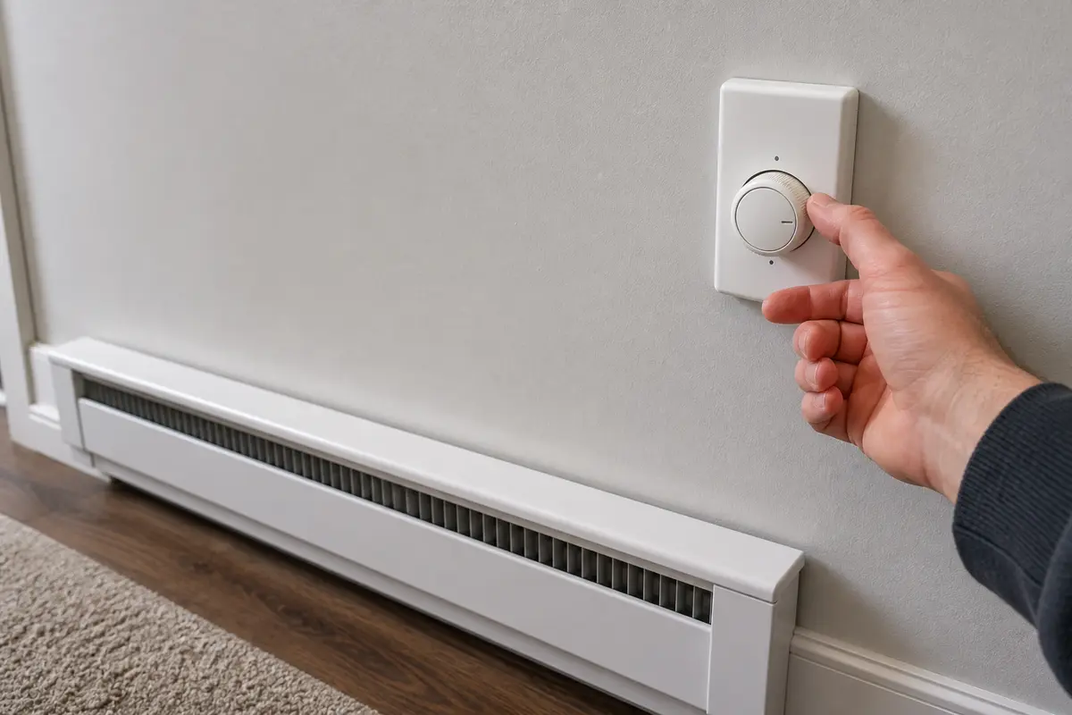 Wall thermostat beside a closed electric baseboard heater for click timing comparison