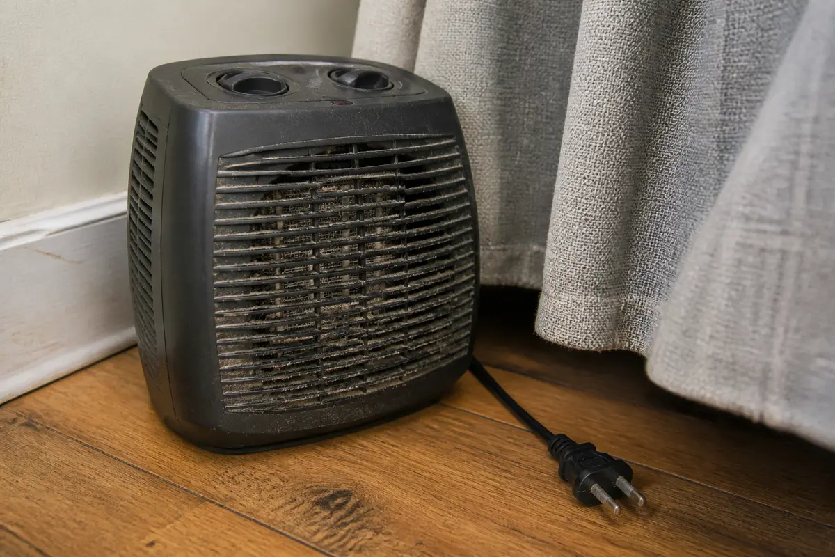 Unplugged portable electric heater with dust on the intake grille and fabric too close