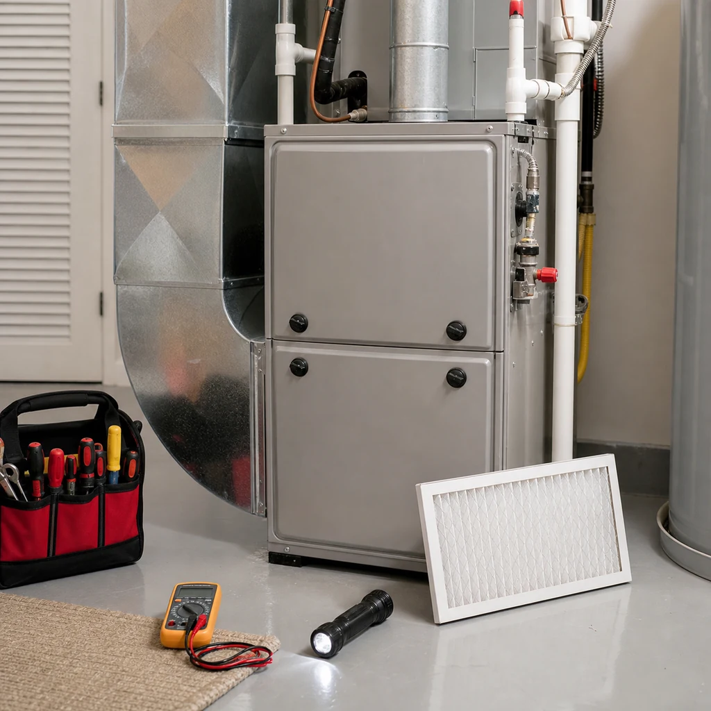 Closed furnace cabinet checked before diagnosing no hot air