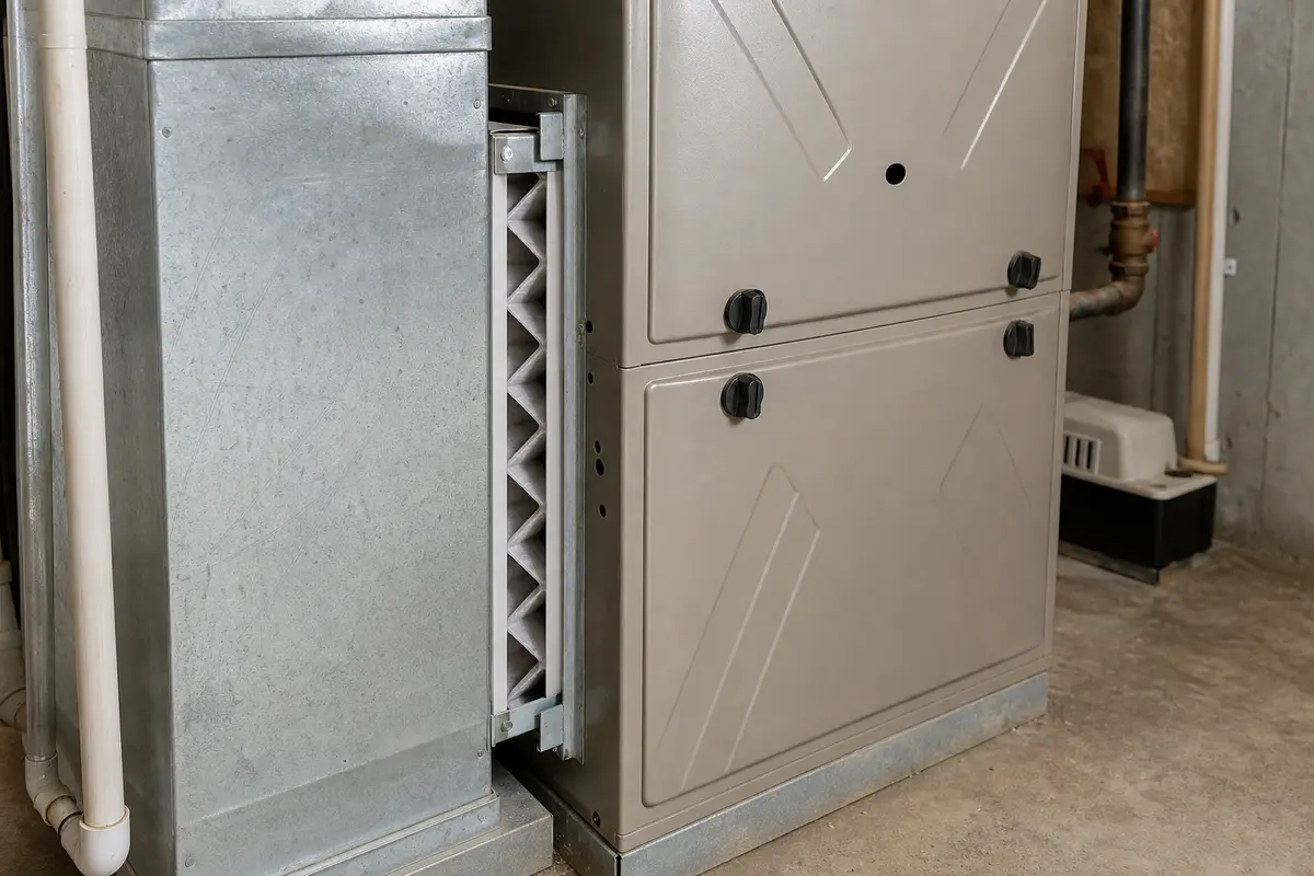 Furnace cabinet with filter slot visible during no-start troubleshooting