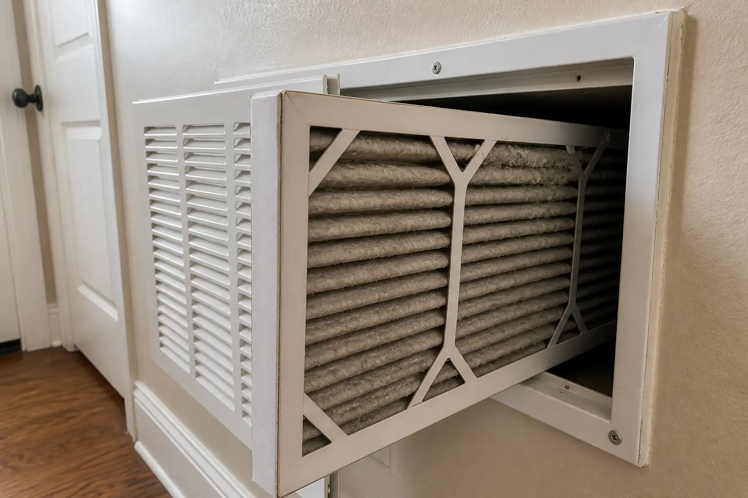 Dirty heat pump air filter pulled from a return grille during airflow troubleshooting