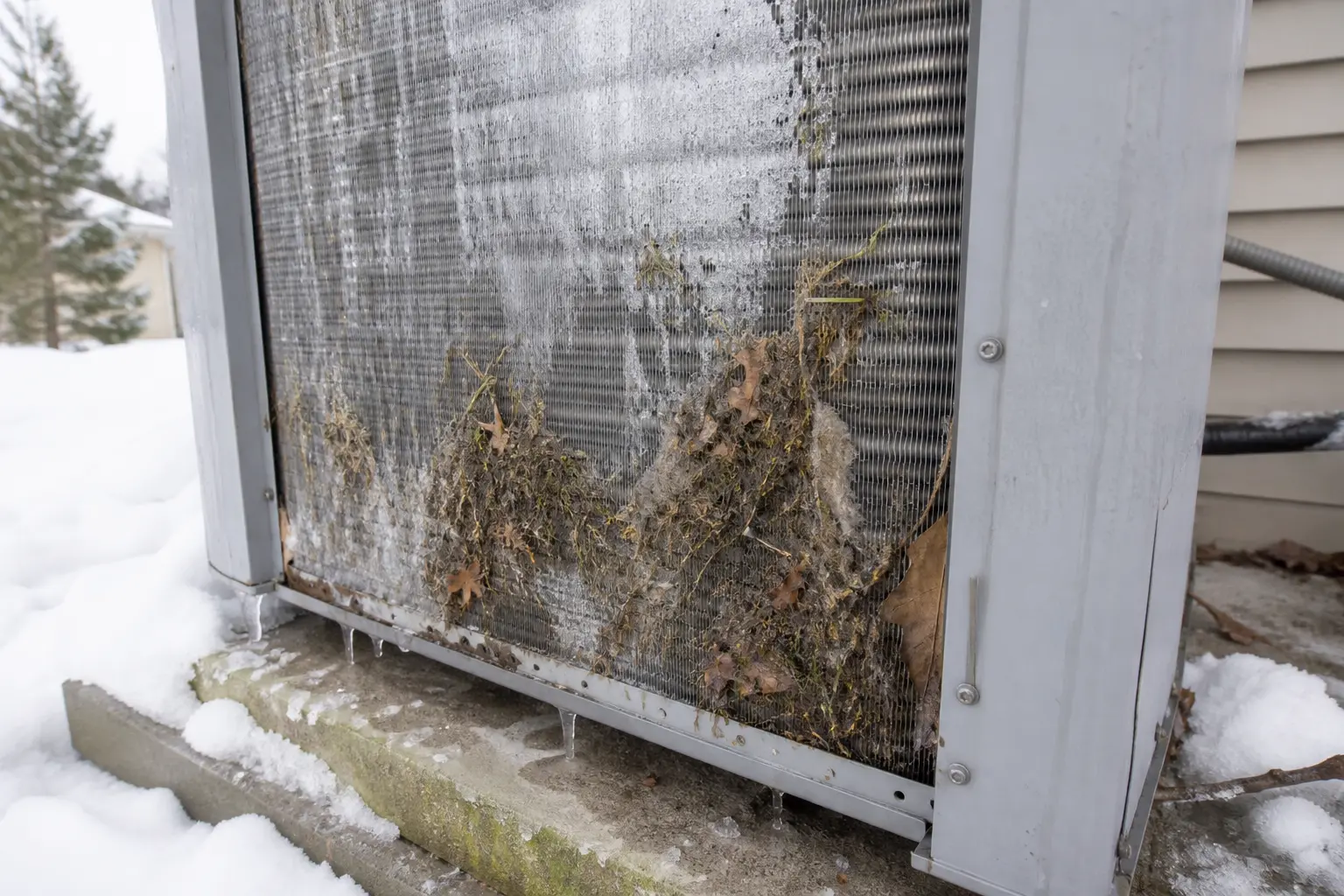 Frosted heat pump outdoor coil blocked by leaves and debris