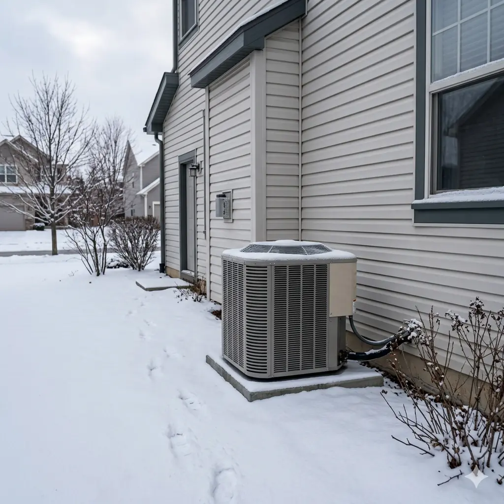 Heat pump outdoor unit in snow beside the house for a no heat inspection
