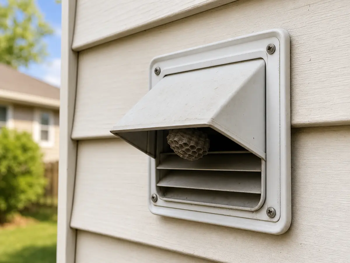 Bathroom exhaust vent cap with a hornet nest behind a stuck-open exterior flap